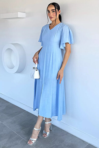 Aryena Blue Women's V-Neck Dress with Slit Detail (the Product Is a Standard ...