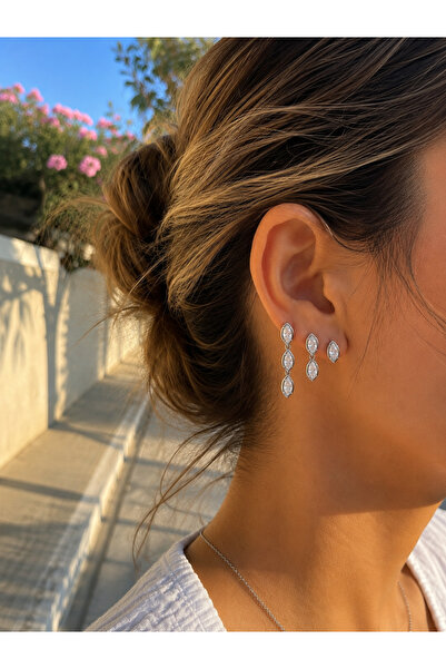 ringbox Silver Colored 3-Piece Shuttle Stone Earring Set