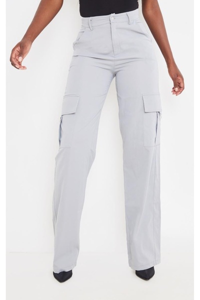 NO BRAND Pantaloni cargo clasici gri cu buzunare, talie înaltă, Prettylittlet...
