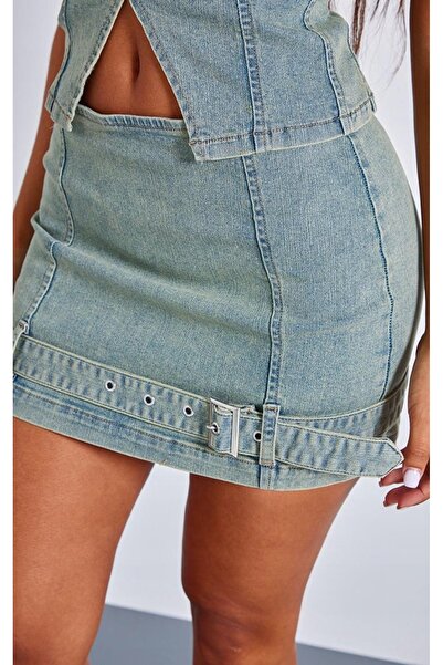NO BRAND FUSTĂ MINI DIN DENIM ALBASTRU CU EFECT SPĂLAT ȘI CUREA PRETTYLITTLET...