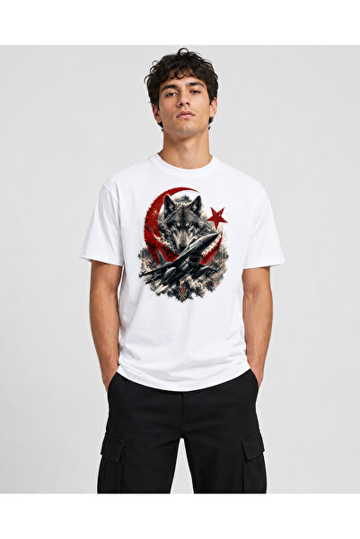 chaygoy Unisex Regular Fit Beyaz Sıfır Yaka Tişört, Ay Yıldız Gökbörü Savaş Uçağı, Bozkurt Ve Ay Yıldız Bask