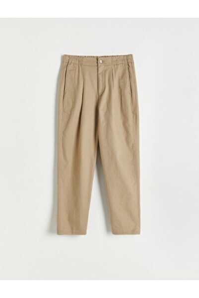 NO BRAND Pantaloni lungi clasici din bumbac bej, cu buzunare, fermoar și nast...