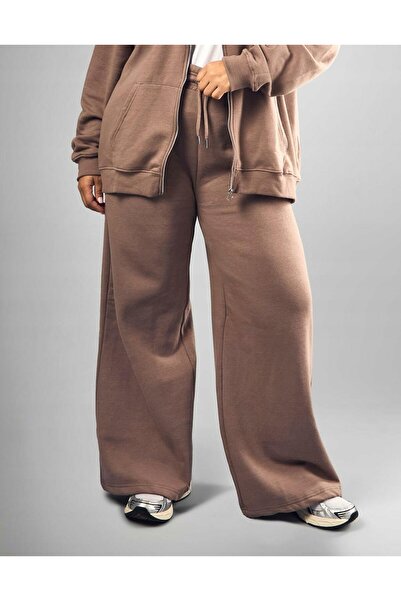 NO BRAND Pantaloni de trening maro deschis, cu picior larg, netezi, Plus Booh...