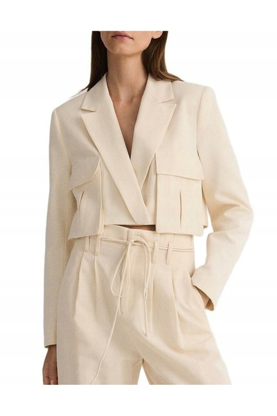 NO BRAND Blazer scurt bej din viscoză, bumbac și in, cu mânecă lungă, Reserve XL