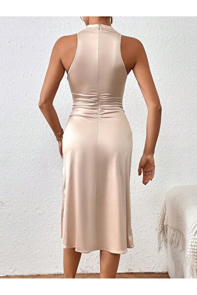 NO BRAND Rochie de cocktail bej, midi, cu șliț, drapată, Shein 38