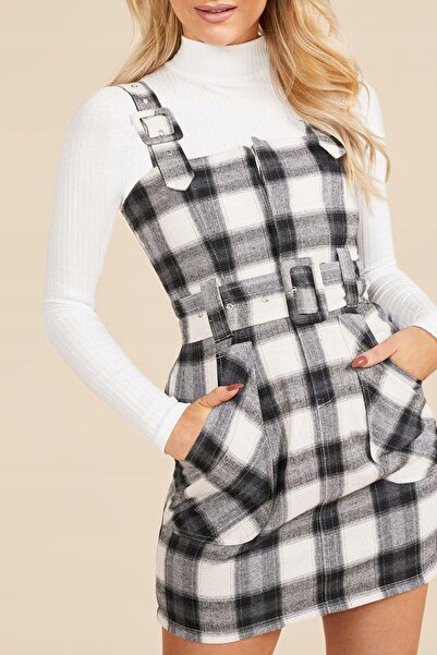 NO BRAND Rochie mini cu bretele, în carouri alb-negru, cu buzunare, Boohoo 38
