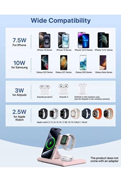NO BRAND Zubarr Q10A Încărcător Inductiv Wireless 3 în 1 Roz pentru Galaxy