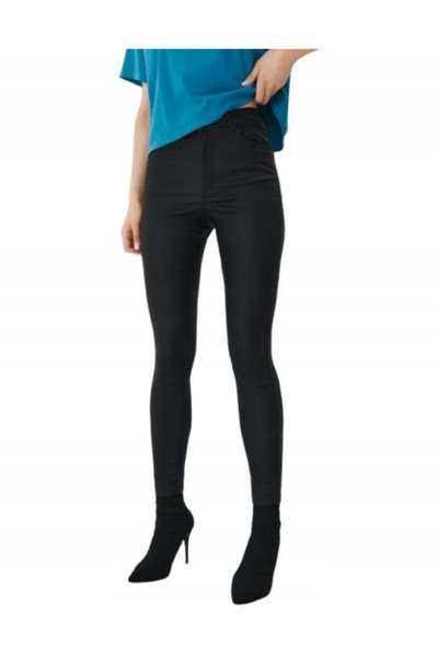NO BRAND Pantaloni din pânză cerată neagră, croială skinny, conici, Mohito 32