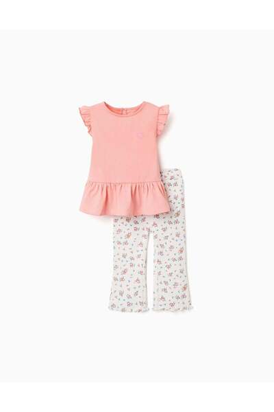 Ziddy Cotton T-Shirt And Ribbed Trousers For Baby Girls, Salmon/Beige