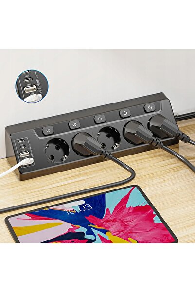 NO BRAND Prelungitor de colț 4 prize AC 2x USB-A 2x USB-C cu întrerupător 2m ...