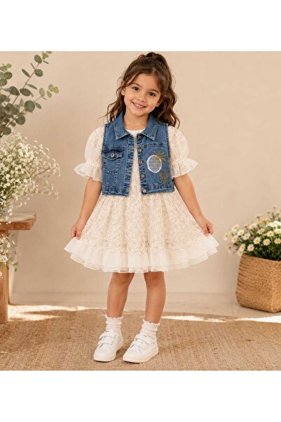 Hafez Kids Kız Çocuk Çiçek İşlemeli Kot Yelek ve Dantel Detaylı Tütü Elbise Ş...