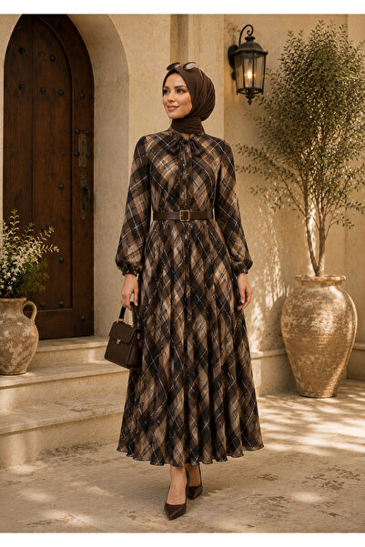 THEK BUTİK Plaid Chiffon Long Dress with Elastic Waistband