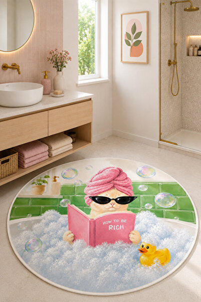PINKIE HOME Dijital Kaymaz Yıkanabilir İkili Kedili Banyo Paspası Banyo Halıs...