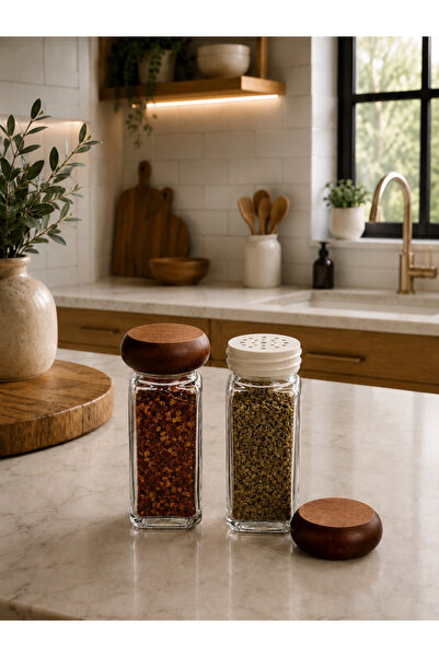 TemizlikMağazam Set of 2 Glass Spice Jars with Acacia Lids