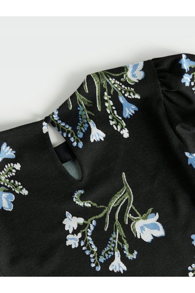 NO BRAND Rochie mini neagră cu model floral jacard, cu mânecă lungă, Reserve m