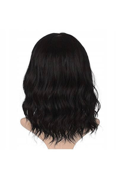 NO BRAND Perucă de damă crețată, neagră, 35cm, cu breton
