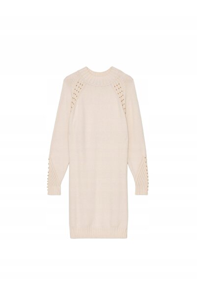 NO BRAND Rochie mini tip pulover bej, cu mâneci lungi, mărgele decorative, Mo...
