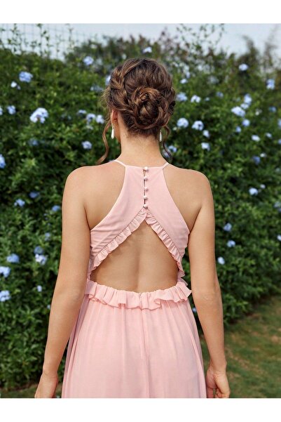 NO BRAND Rochie de cocktail Shein roz, maxi, din șifon, cu volane și spatele ...