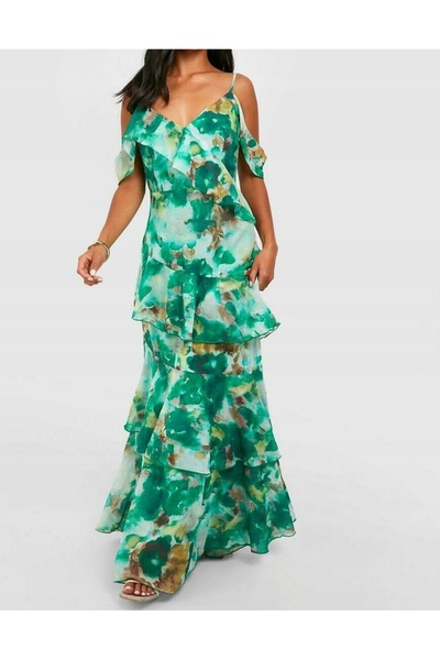 NO BRAND Rochie maxi verde din șifon cu volane, model simplu, haze boohoo 38
