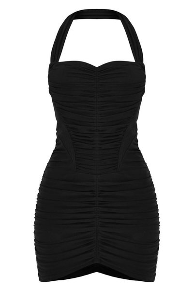 NO BRAND Rochie mini neagră drapată cu umerii goi Prettylittlething 38