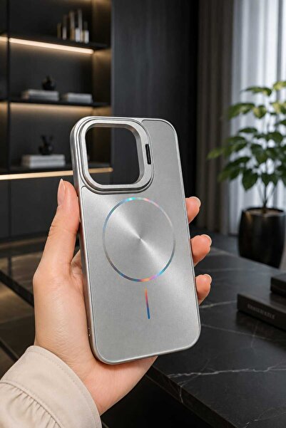 Case I PHONE 15 PRO Uyumlu Simli Gri, Taş işlemeli Lens korumalı Silikon Kılıf