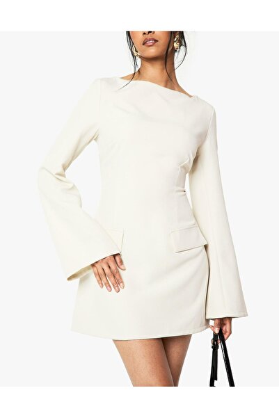 NO BRAND Boohoo Rochie mini clasică bej cu mâneci lungi evazate 38