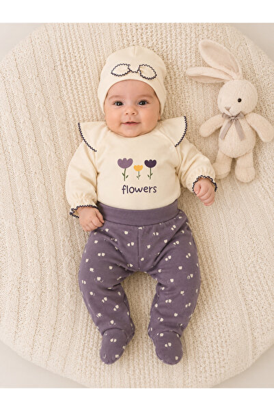 Kelira %100 Pamuk Flowers Baskılı 3’lü Yenidoğan Bebek Takımı 0-3 Ay (56-62 c...