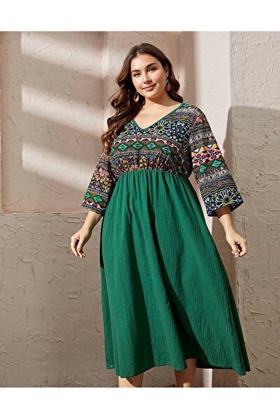 NO BRAND Rochie verde cu model și imperfecțiuni, decolteu în V, mânecă 3/4, S...