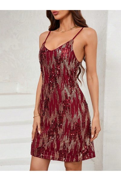 NO BRAND Rochie de cocktail strălucitoare cu paiete, bordo, cu bretele, Shein XL