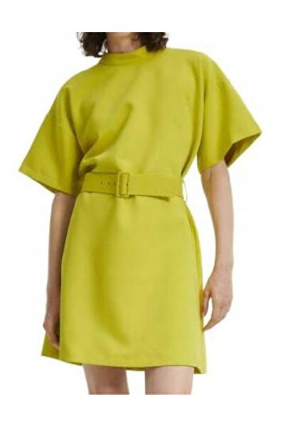 NO BRAND Rochie mini clasică verde lime, cu mânecă scurtă, guler ridicat, net...