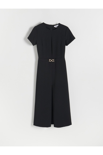 NO BRAND Rochie cu curea decorativă neagră, midaxi, clasică, cu mânecă scurtă...