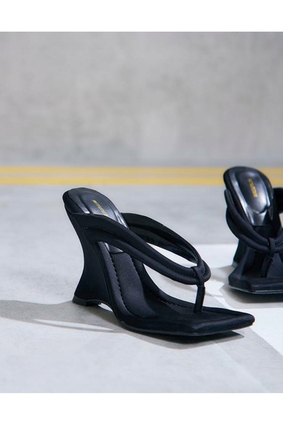 NO BRAND Papuci negri stil japonez cu platformă la călcâi, tip slip-on, Prett...
