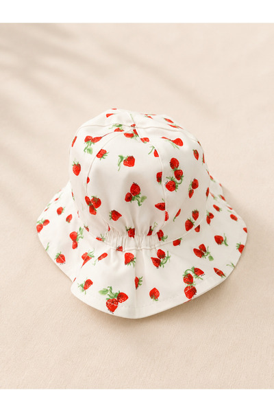 Minimissbaby White Red Strawberry Patterned Cotton Poplin Fabric Baby Girl Children's Hat
