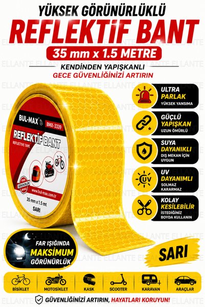 ellante Sarı Reflektif Bant 3,5 cm x 1.5 Metre Kendinden Yapışkanlı Gece Görü...