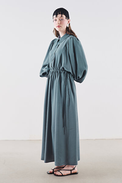 Manuka Draped Waist Adjustable Balloon Sleeve Dress Blue
