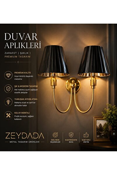 ZEYDADA Otel aplik Gold Çift Kollu Duvar Apliği | Siyah Başlıklı Metal Duvar ...