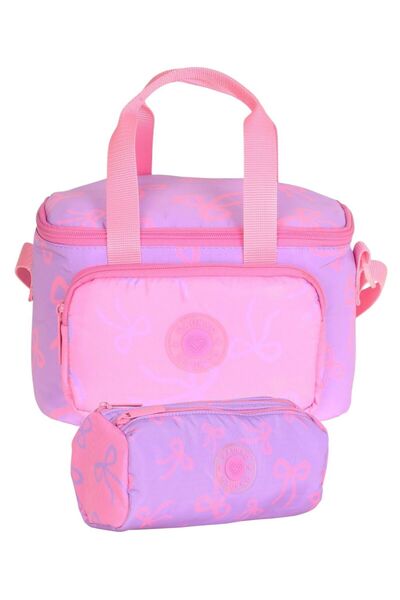 KAUKKO Girl's Purple Bow Printed Lunchbox and Pen Holder Set - Setkk-K1880