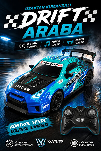 Toyaş 1:8 2.4 GHz Uzaktan Kumandalı Drift Araba Müzikli Korna Sesli LED Farlı...