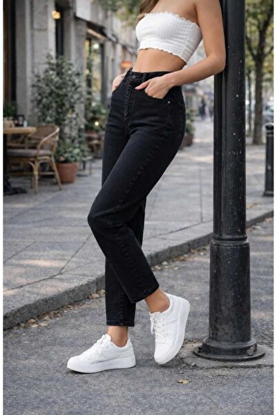 Yüksek Bel Simsiyah Fit Mom Boyfriend Kadın Jean Rahat Kalıp Denim Siyah (BEDEN TABLOSU GÖRSELDEDİR)