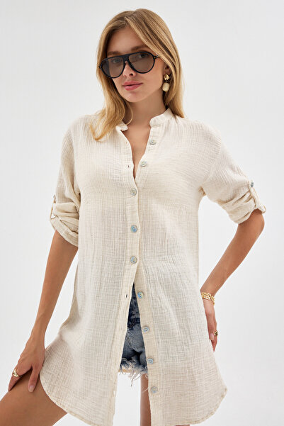 Heaven Ephesus Muslin Tunic - Linen Look High Collar Muslin Tunic - 1230