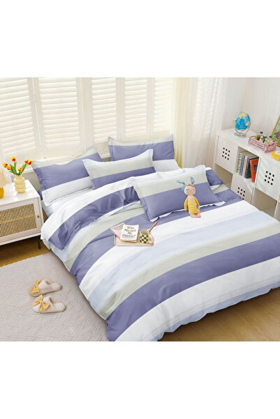 decorami Lenjerie pat dublu cu Elastic, bumbac satinat, Bleu, dungi