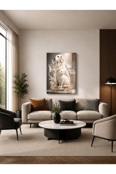 Zerawall Tablou MDF Statuie Pisică și Câine Albă – Decor de perete pentru cas...