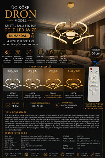 Genel Markalar Üç Köşe Dron Model Kristal Taşlı Tek Toplu Gold LED Avize - 4 ...