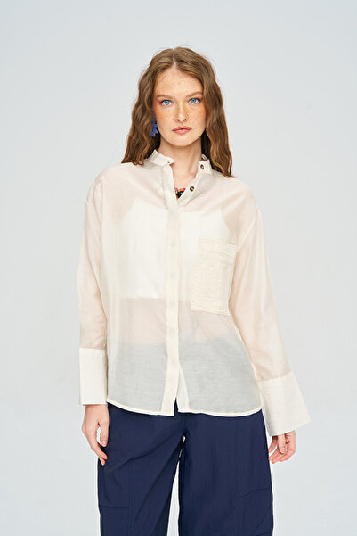 Orfeo Negro Women's Embroidery Pocket Detailed High Collar Transparent Shirt