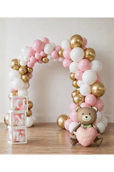 Çemrek Süs Parti Makaron Pale Pink Pink White Gold Chrome Balloon Chain Set o...