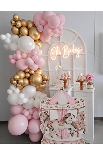 Çemrek Süs Parti Makaron Pale Pink Pink White Gold Chrome Balloon Chain Set o...
