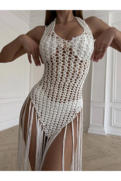 Bernato Hand Knitted Tasseled White Mesh Beach Dress Halter Neck Transparent ...