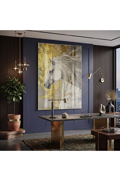 KOLAJTASARIM White Horse Golden Beige Tones Tabla de sticlă unică pentru deco...