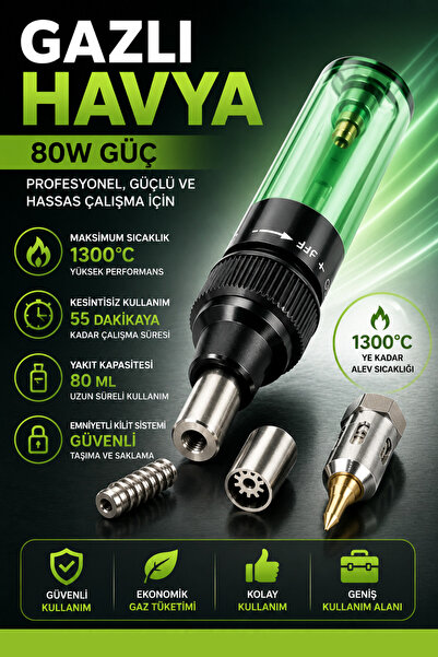 RoboPazar 80W Gazlı Havya – 80 ml Dolum Kapasiteli, 1300°C Çok Amaçlı Lehimle...