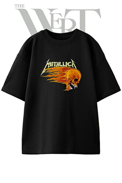 THEWERT Tricou oversize negru unisex cu imprimeu Metallica Flame Skull Design